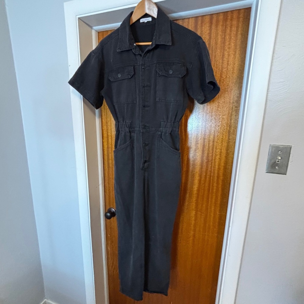 Crescent Black Denim Utility Jumpsuit Elastic Waist Button Front Small CR7664-DU